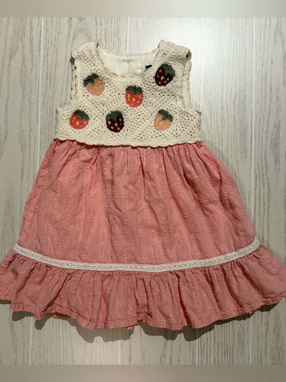 Cynthia Rowley Girls 3T Strawberry Crochet Dress Pink Cottagecore Boho